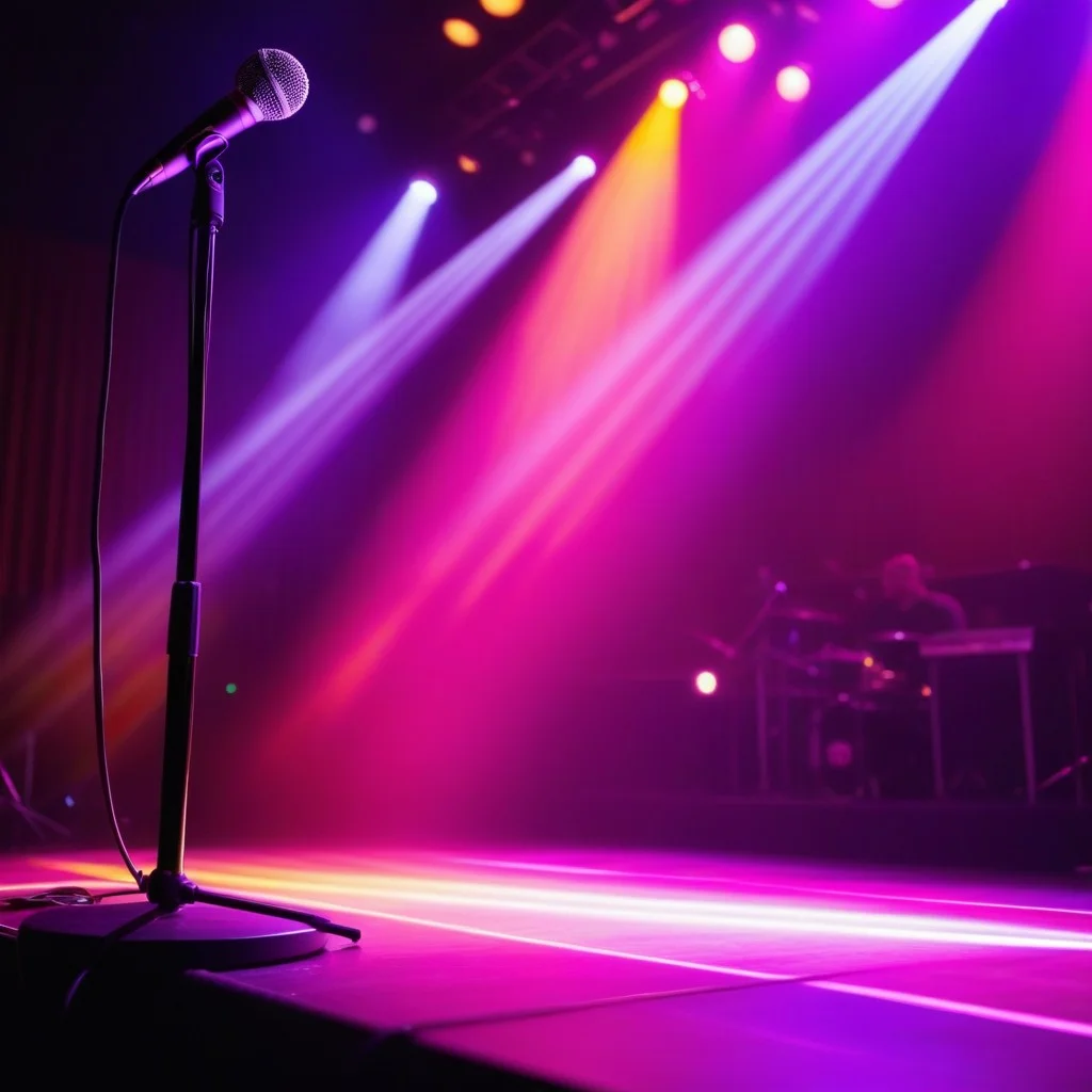 Low angle shot from the audience perspective, looking up at the stage where a spotlight isolates a single microphone stand amidst a blur of motion and colorful light streaks, conveying the chaotic energy of live improvisation.