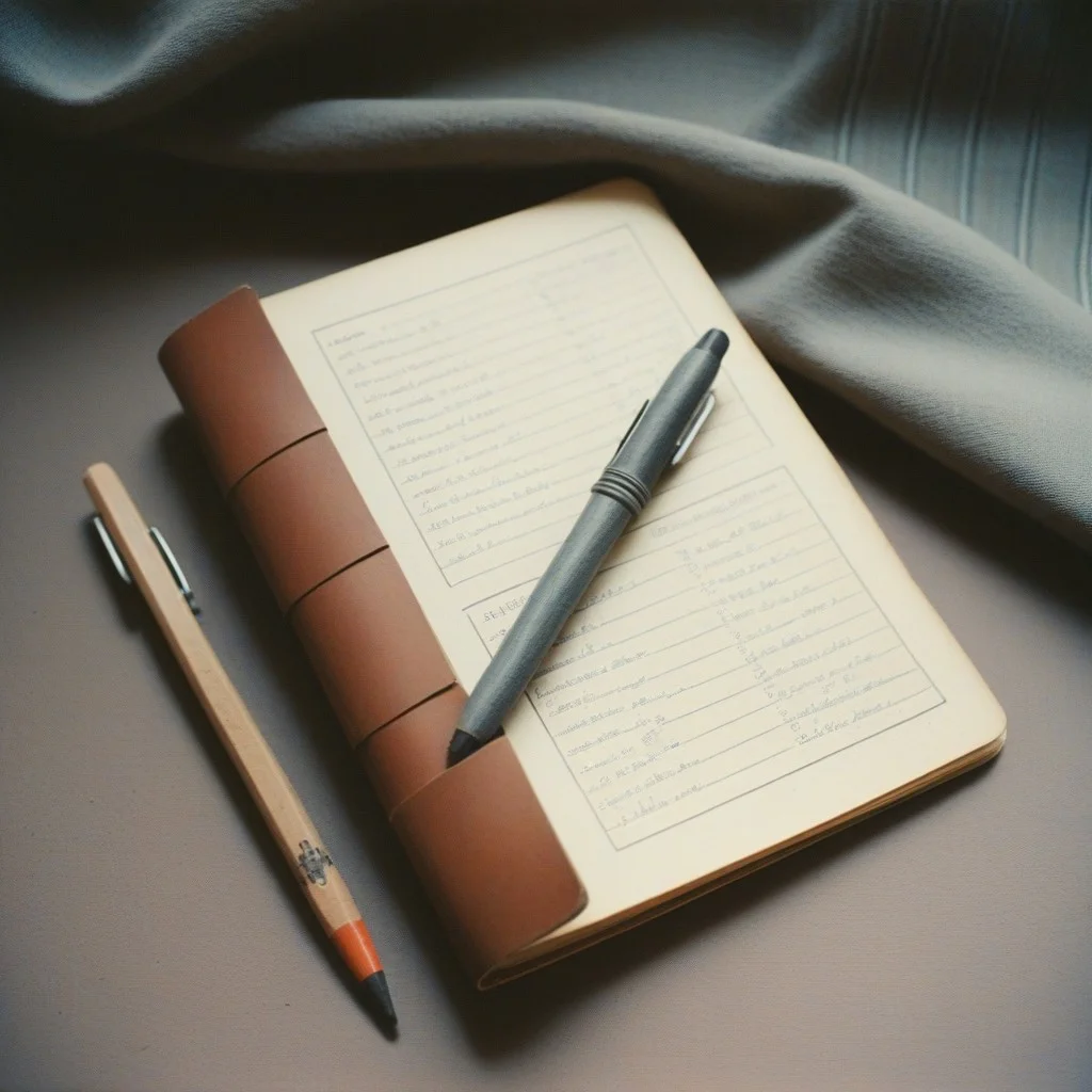 Un cahier ancien à couverture de cuir fendu, ouvert sur une page où des mots sont rayés au stylo-bille noir, mais pas effacés — les encreurs ont traversé la feuille. À côté, un crayon cassé et une mèche de cheveux gris.