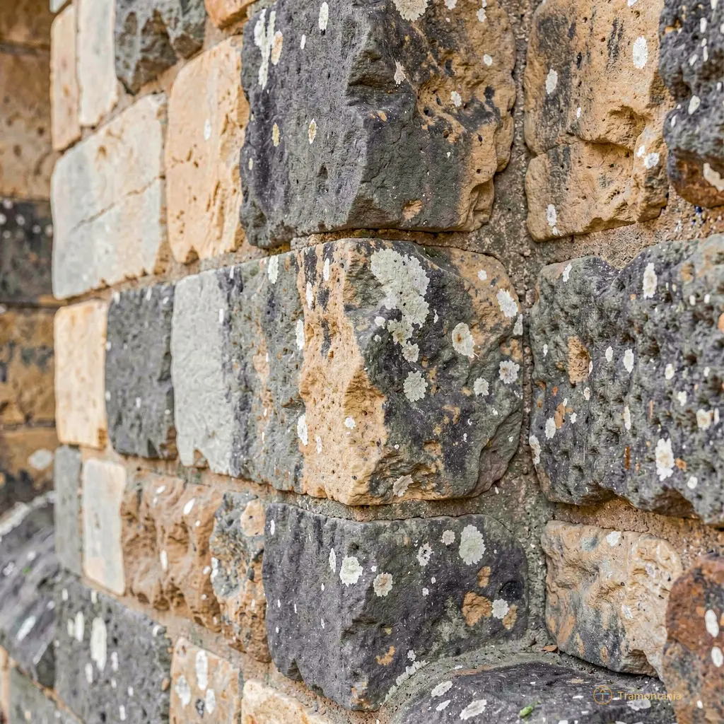Close-up of the weathered texture of medieval stonework in Cabestany castle, highlighting age and erosion