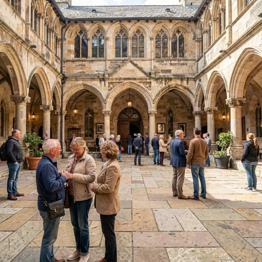 Interior view of the castle courtyard with visitors exploring the space in quiet contemplation