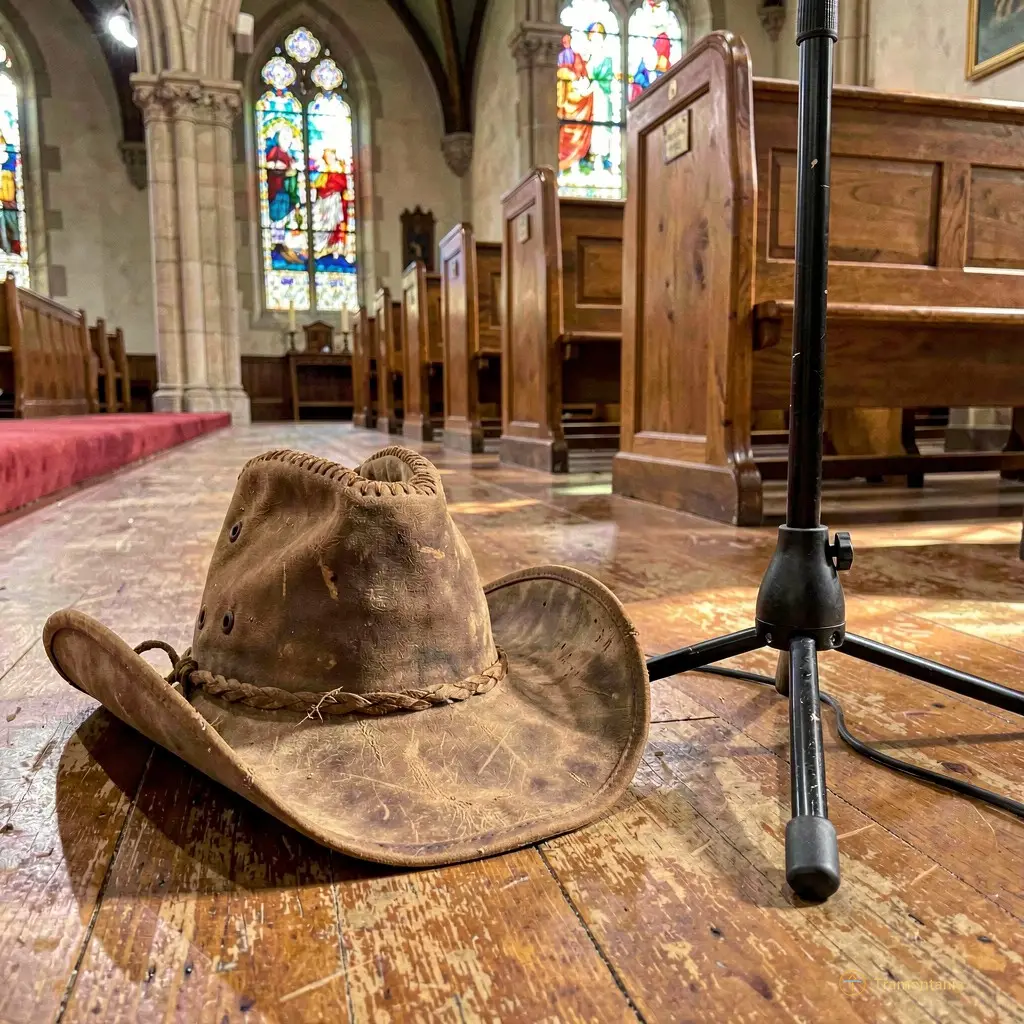 Un vieux chapeau de cow-boy repose près d'un microphone moderne, symbolisant le mélange des genres théâtraux