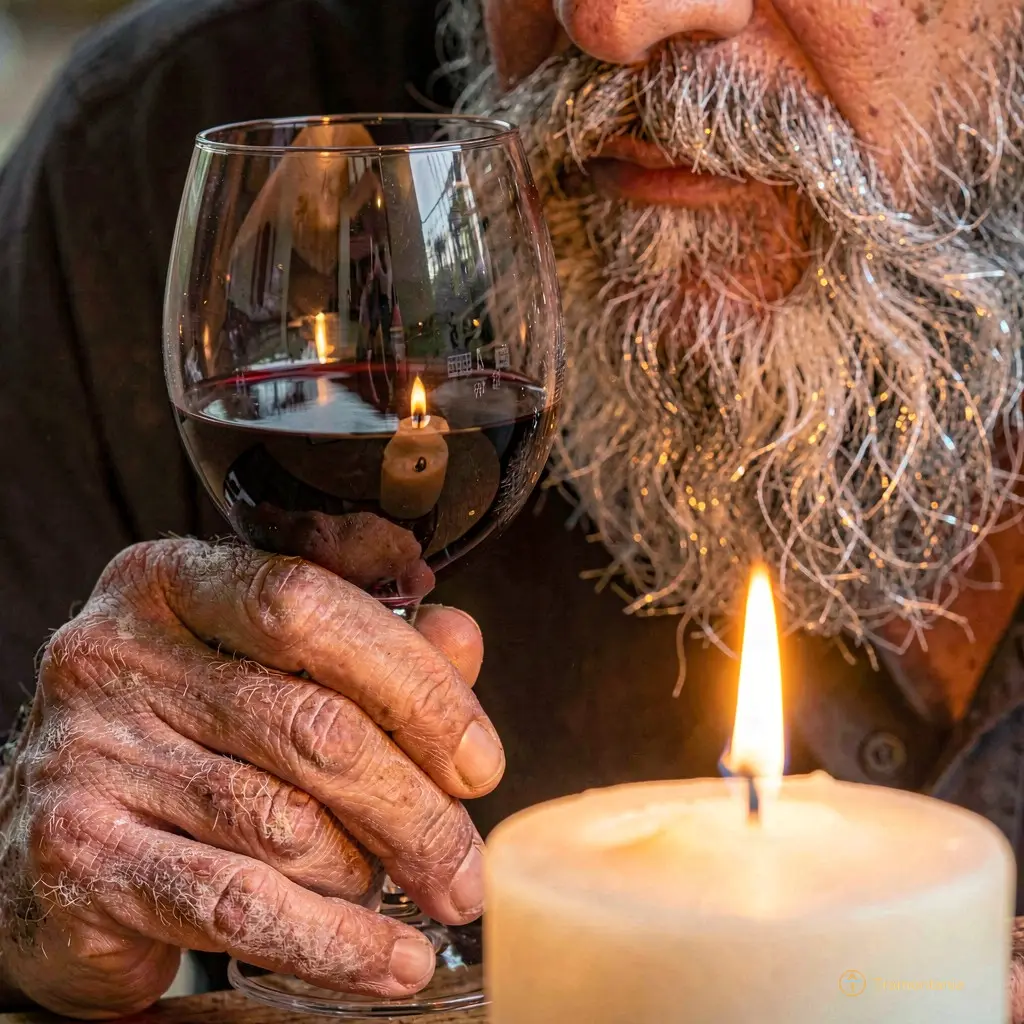 A close-up of weathered hands holding a glass of red wine beside a flickering candle, the glow catching the silver in the man’s beard
