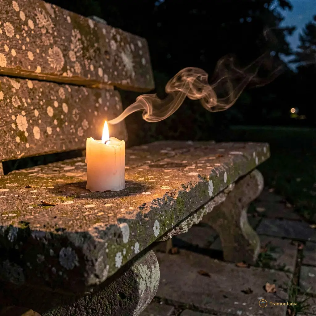 A single candle burning at the edge of a stone bench, its flame trembling slightly in the night breeze
