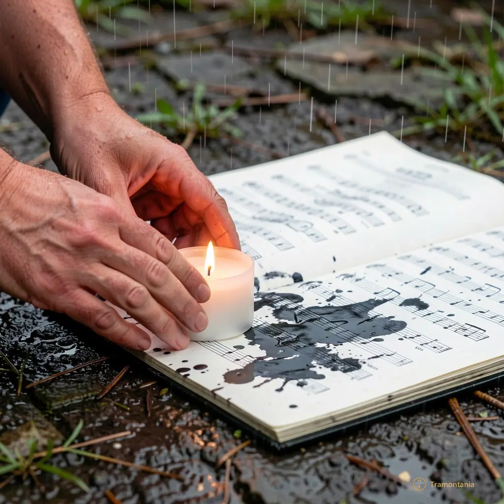 Close-up of hands gently placing a candle on the ground beside an open music score, ink smudged by rain