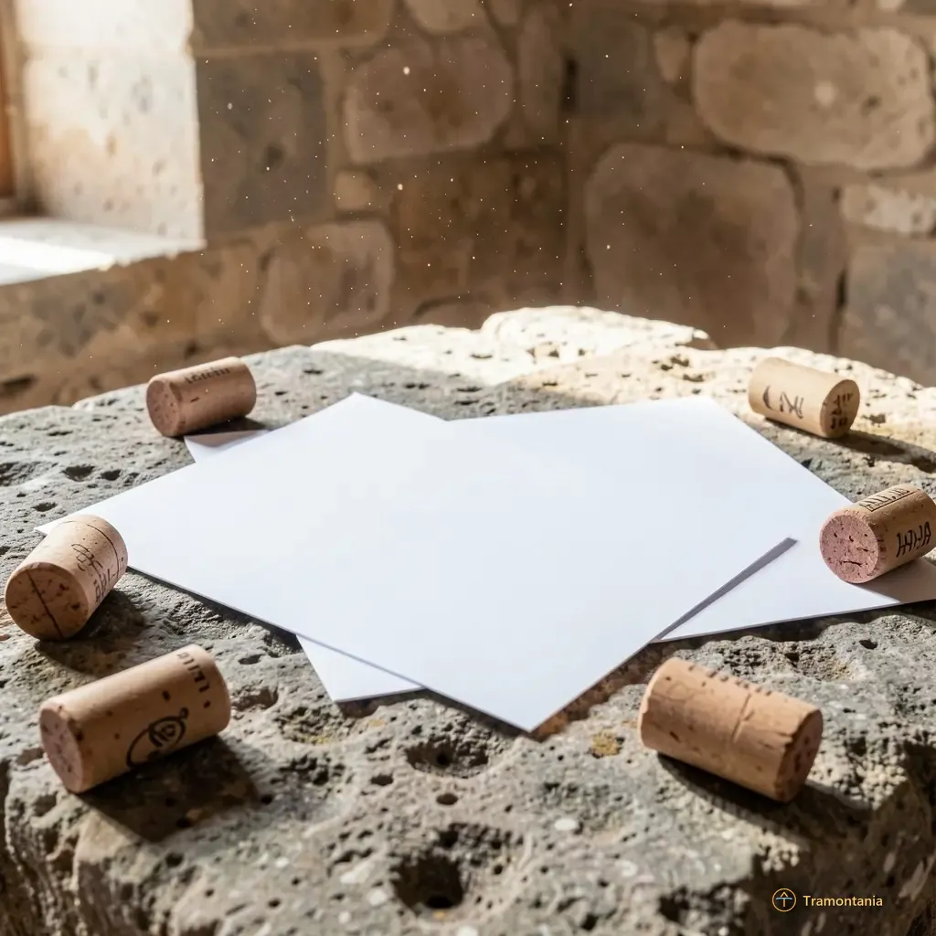 Nino, l'âne de Tramontania — Divers étiquettes de vins et bouchons sont éparpillés sur une surface en pierre grise patinée d'un bâtiment historique canetais