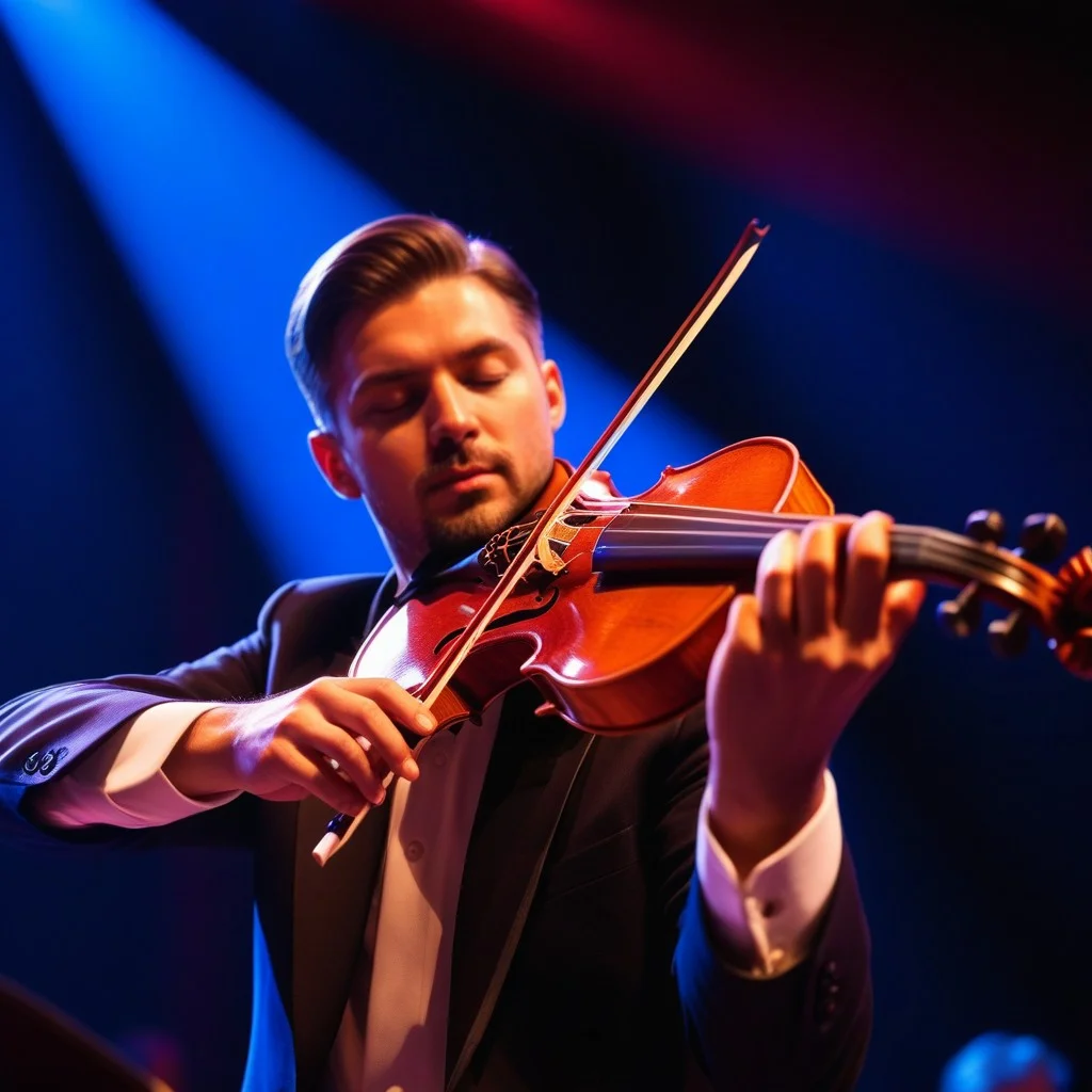 A close-up of a violinist's hands playing a violin, with dramatic red and blue stage lighting reflecting off the strings and wood, conveying intense focus and musical passion.