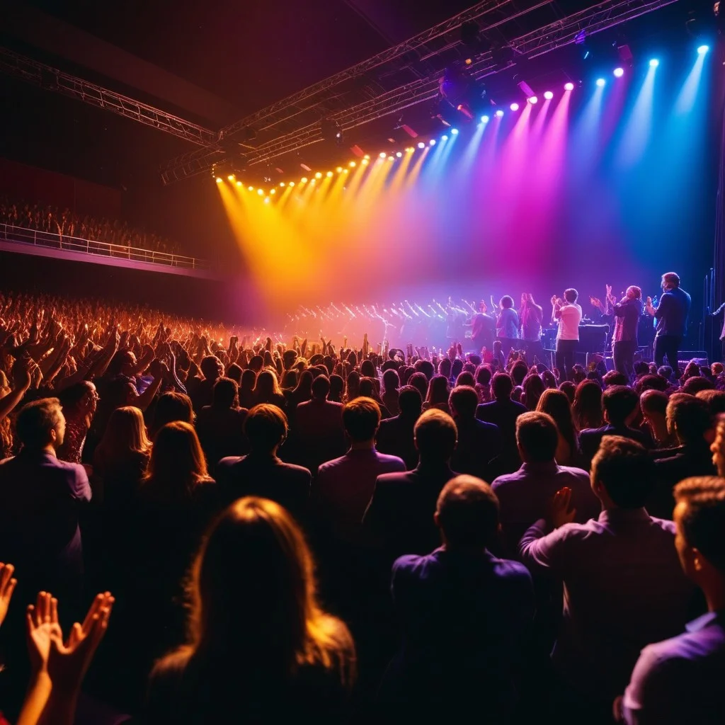 A dynamic shot of a crowd of audience members from behind, clapping enthusiastically in a dimly lit concert hall, with colorful stage lights washing over them, capturing the collective joy and energy of the moment.
