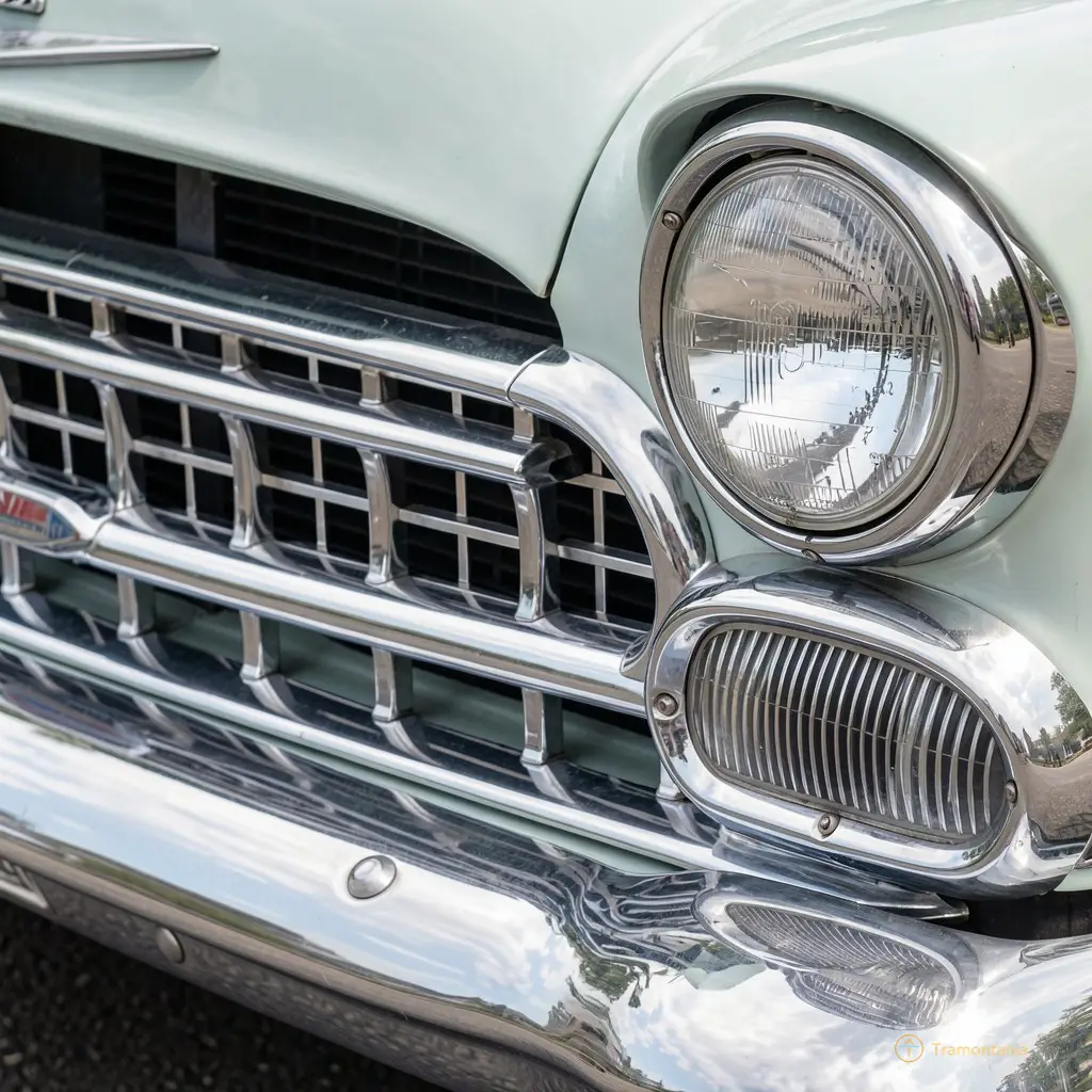 Close-up of the polished chrome grille and headlight of a classic car from the 1950s