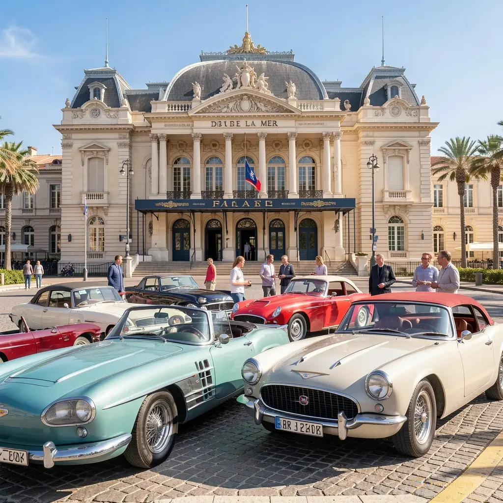 Group of classic cars parked in front of the Théâtre de la Mer with their owners chatting