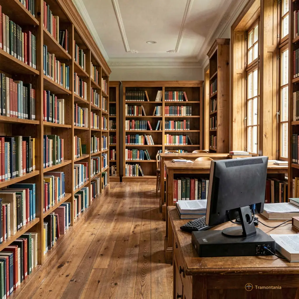 A quiet library interior with rows of books and a single computer terminal in the foreground, evoking calm study