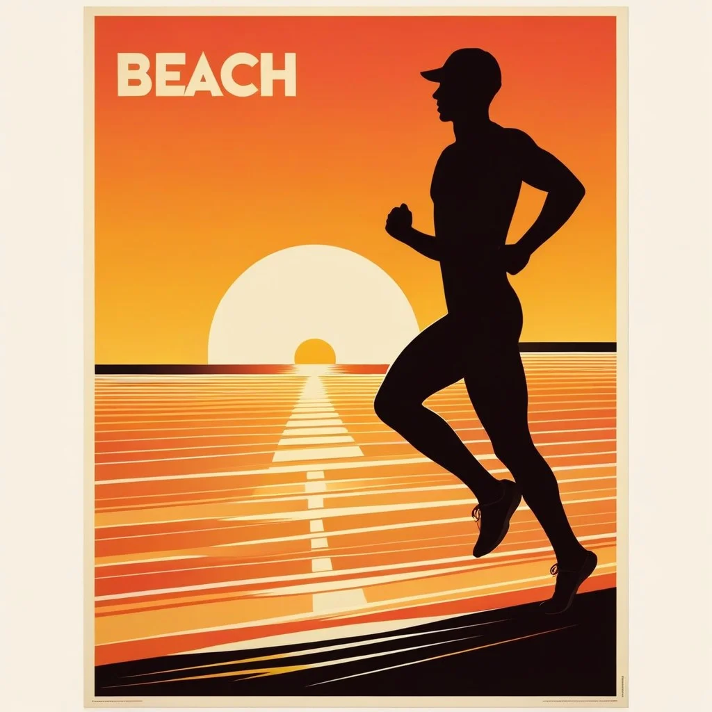 A retro-style poster design featuring a silhouette of a runner on the beach against a gradient sunset background, with bold typography announcing 'Beach Rand'Eau Vitalité' and the date '24 Août', evoking a 1970s summer vibe.