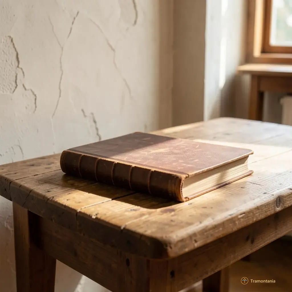 Un vieux livre relié de cuir repose sur une table solide, montrant la texture et les lettres estampées du dos