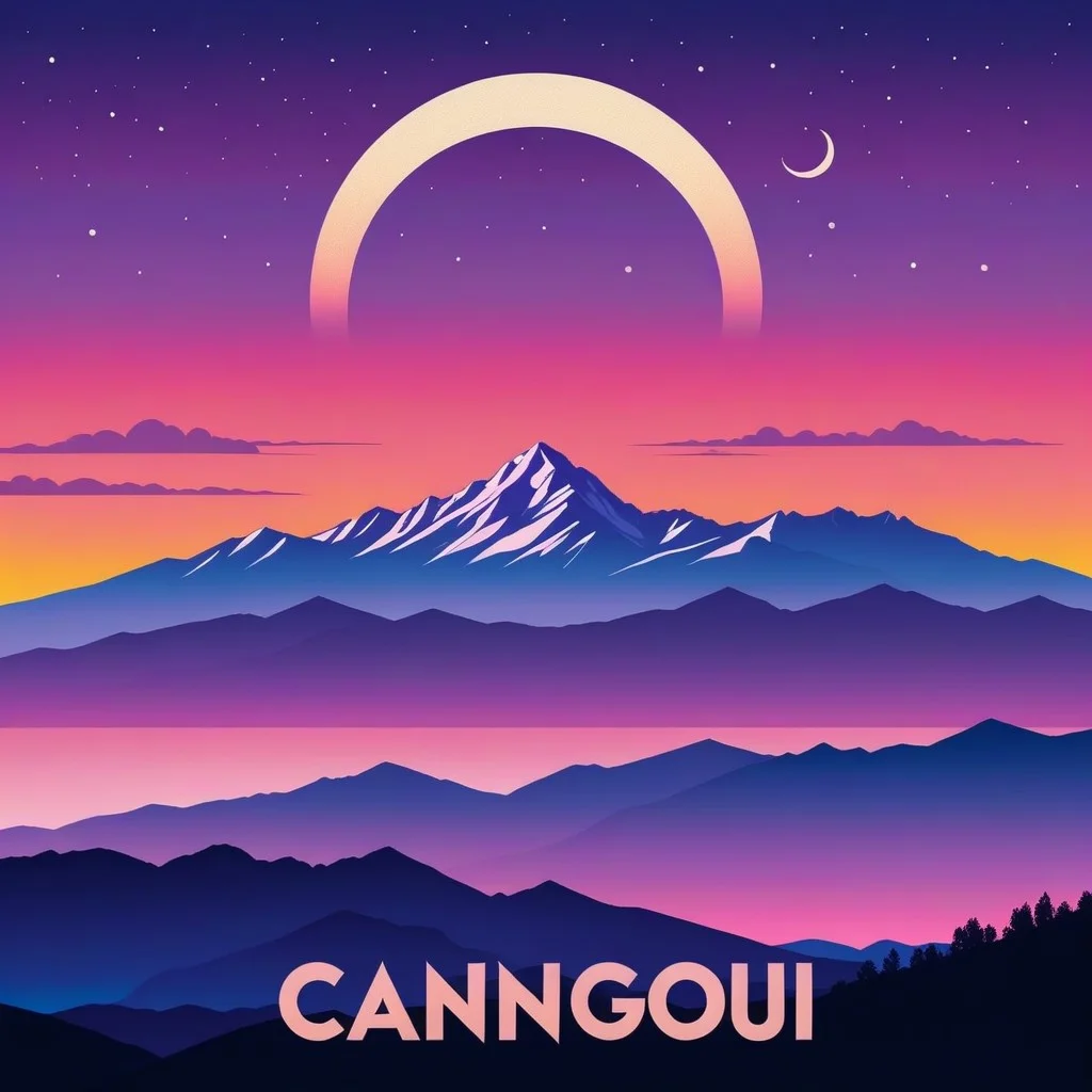 Vintage travel poster style illustration of the Canigou mountain silhouette against a pink and purple twilight sky, with a crescent moon fading out, bold retro typography, vibrant colors.