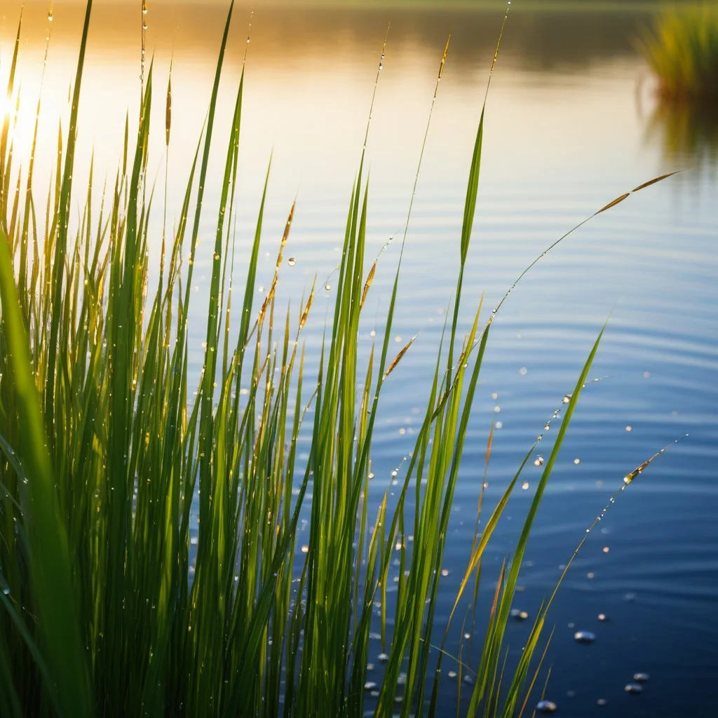 Close-up photo of wet reeds and water ripples at the edge of a lake, dew drops sparkling in the first light of morning, soft focus background, natural and peaceful mood.