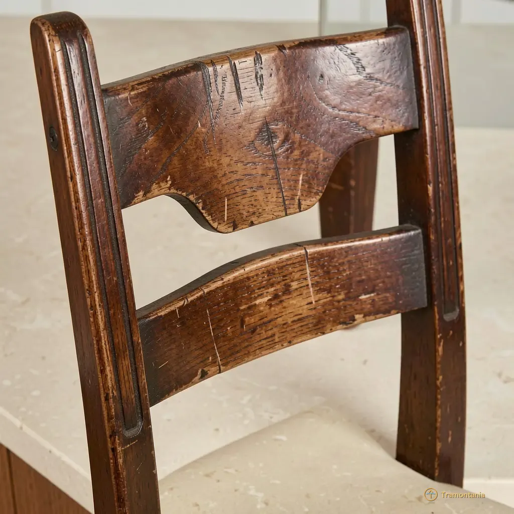 Le dossier d'une vieille chaise en bois sombre présente des marques d'usure visibles sur sa structure richement veinée
