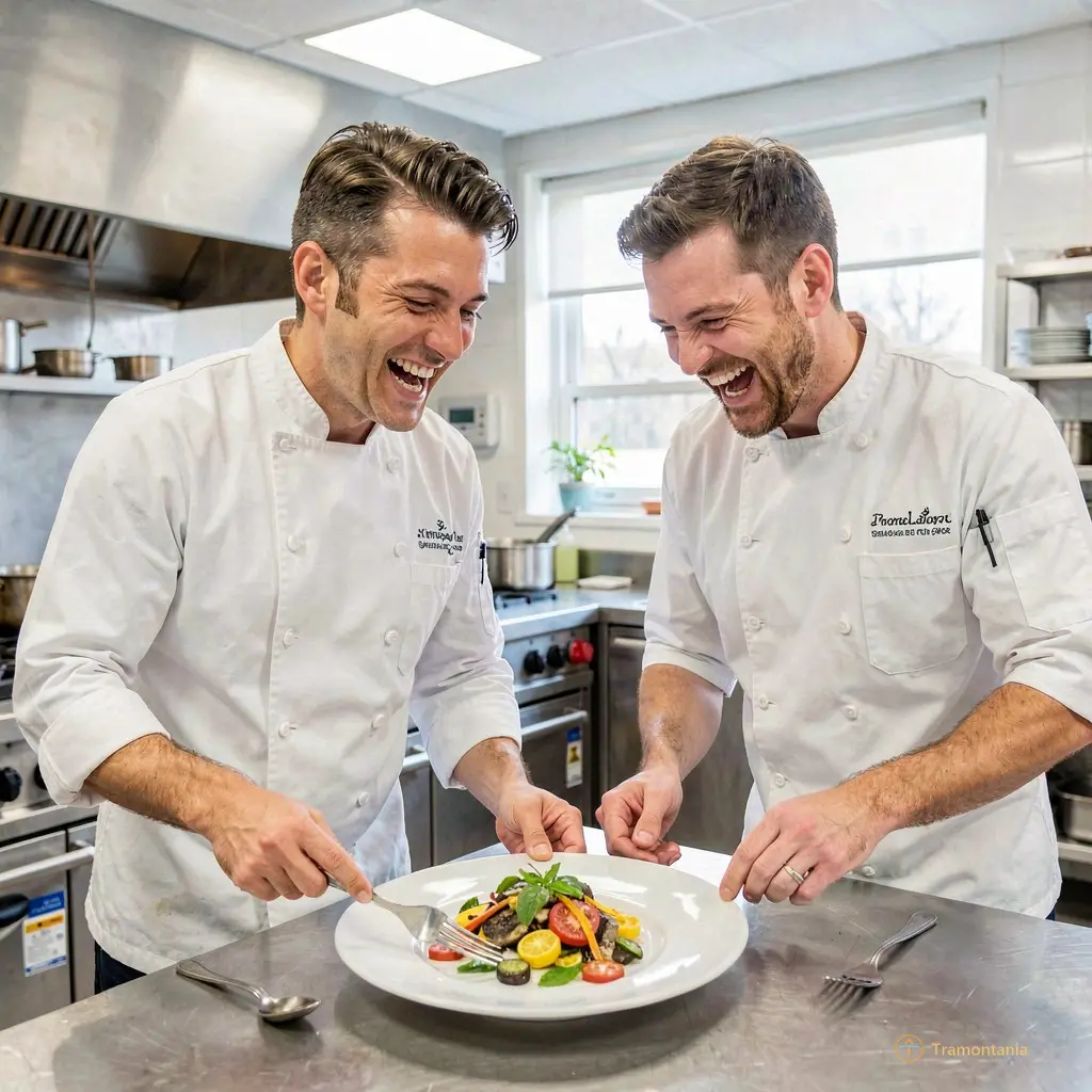 Two chefs laughing while plating a colorful dish in a bright professional kitchen