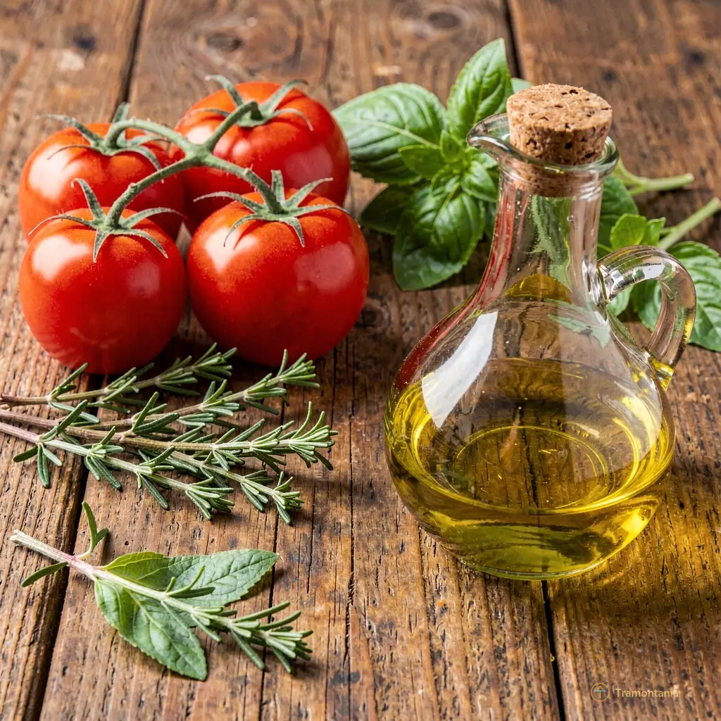 Fresh ingredients like tomatoes, herbs and olive oil arranged on a rustic wooden table