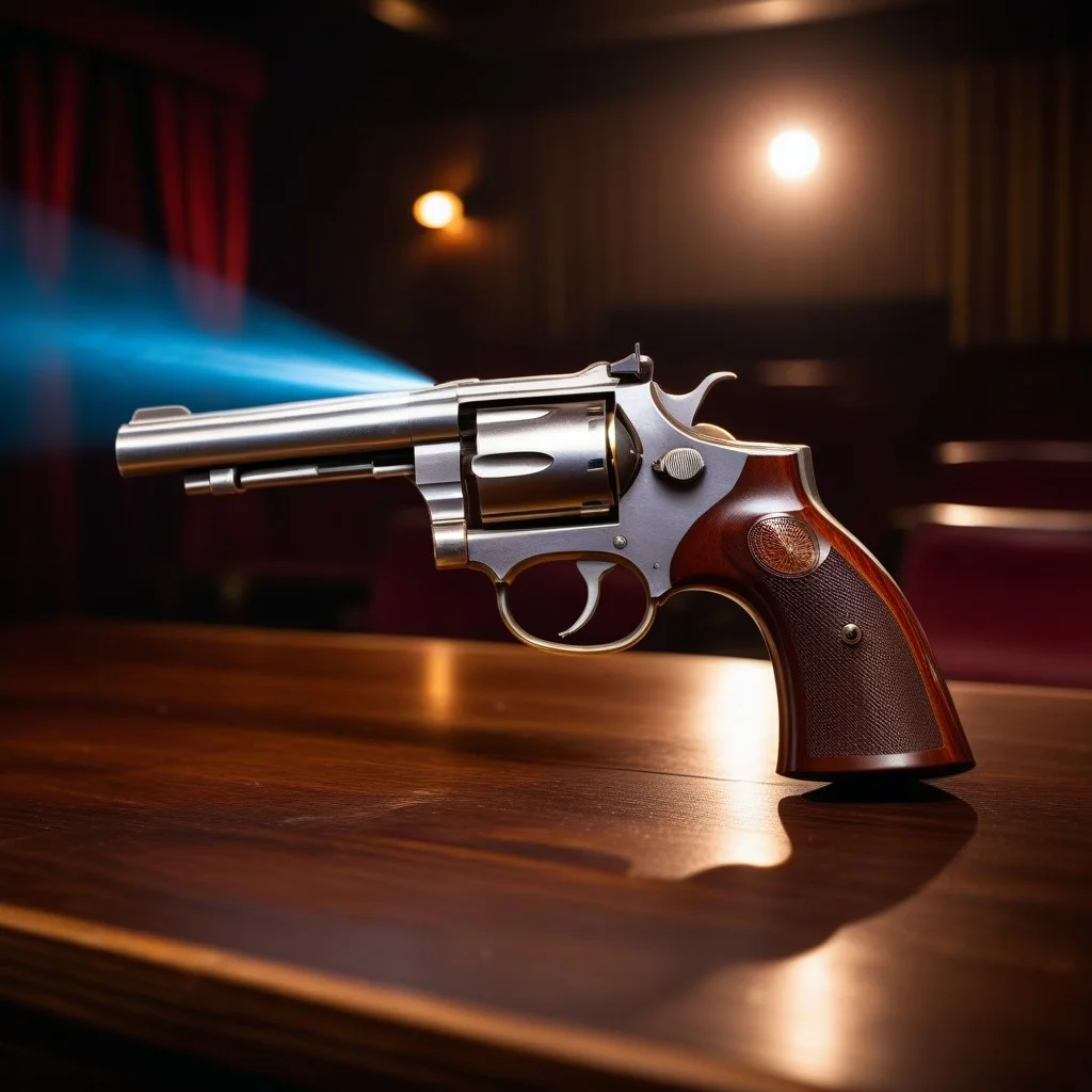 A close-up of a vintage 1930s revolver resting on a dark wooden table, with a blurred background of a dimly lit cinema room and the faint glow of a projector beam cutting through the dust.