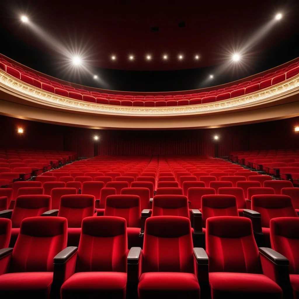 A wide shot of a classic cinema auditorium with red velvet seats, empty and waiting, illuminated by a single spotlight from the stage, creating a sense of anticipation and mystery.
