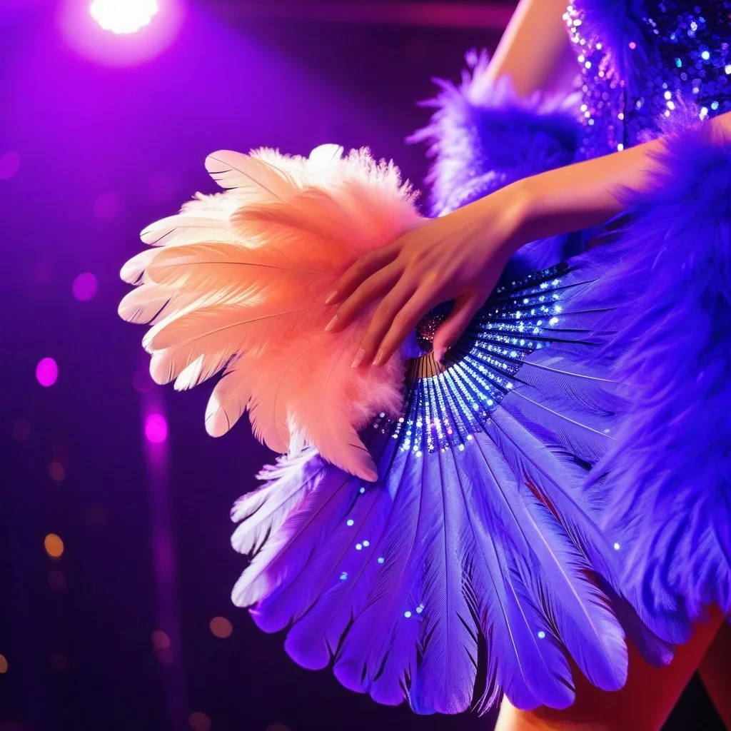 Close-up of a dancer's hand holding a large, fluffy feather fan, the feathers glowing under intense purple stage lighting. The background is a blur of sparkling sequins and bokeh lights, emphasizing the texture and glamour of the costume.