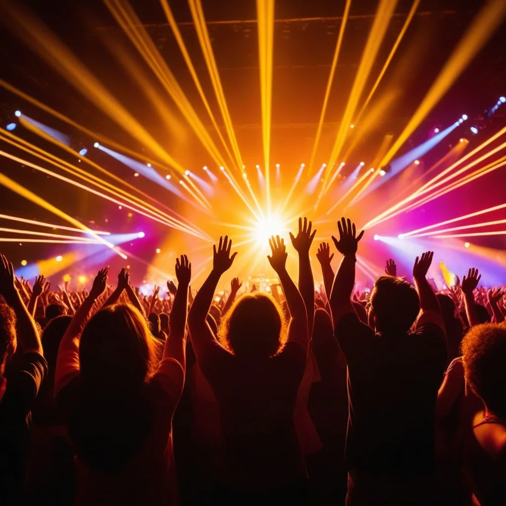 Dynamic low-angle shot of a crowd of people cheering and clapping, their hands raised in the air, silhouetted against a bright, colorful stage light burst. The atmosphere is joyful and energetic, capturing the communal spirit of a live performance in a public square.
