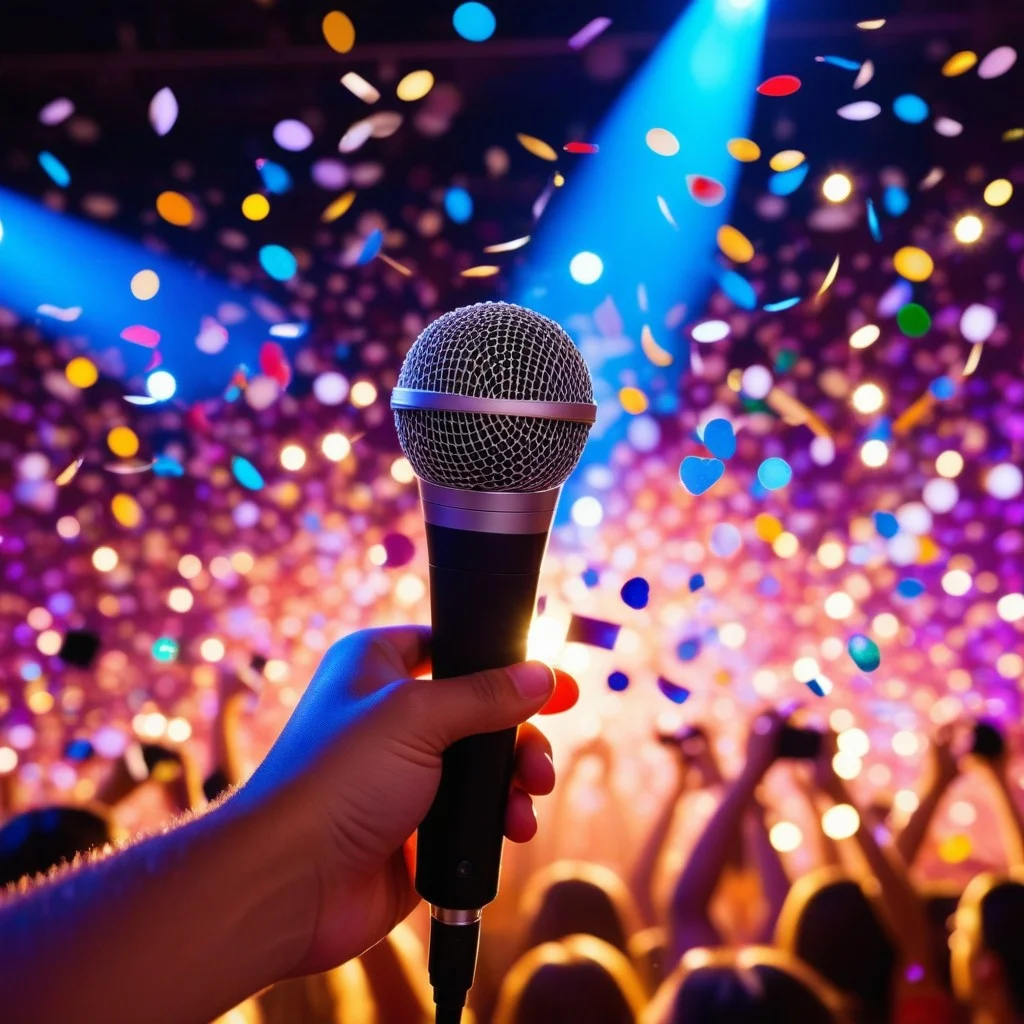 Close-up of a hand holding a glittering microphone, surrounded by a burst of confetti and colorful stage lights. The background is a blur of dancing silhouettes and sequins, capturing the chaotic joy of the performance.