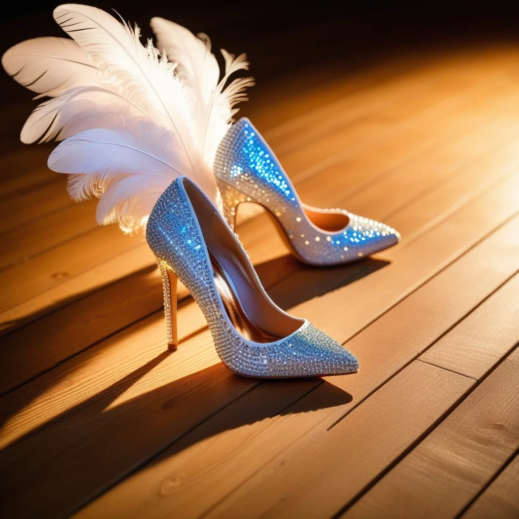 Detail shot of a pair of high-heeled shoes covered in rhinestones, resting on a wooden stage floor. A single feather lies next to them, catching the warm glow of a nearby spotlight, symbolizing the end of a high-energy dance routine.
