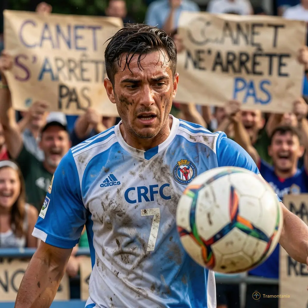 Close-up of CRFC’s number 7, face smeared with sweat and dirt, eyes locked on the ball mid-kick, background blurred with cheering fans holding handmade banners reading “CANET NE S’ARRÊTE PAS”