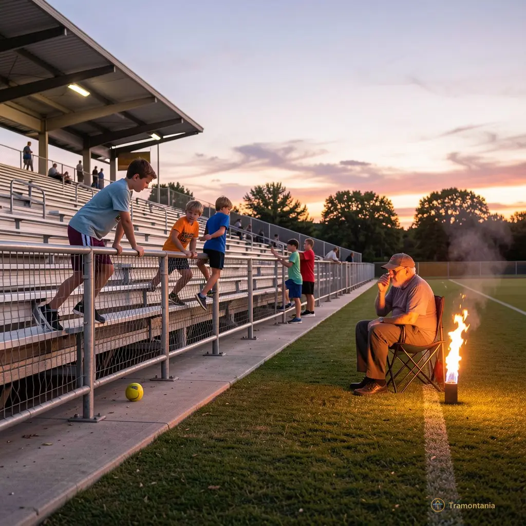 Wide shot of emptying stands at dusk — kids climbing the fence to retrieve a ball, an old man in a cap smoking quietly beside his folding chair, one last flare still glowing on the sideline