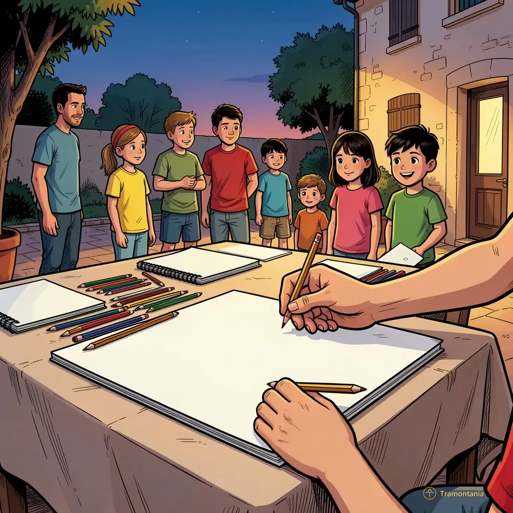 Plusieurs familles rassemblées regardent des fournitures artistiques telles que du papier et des crayons de couleur disposés sur une table extérieure