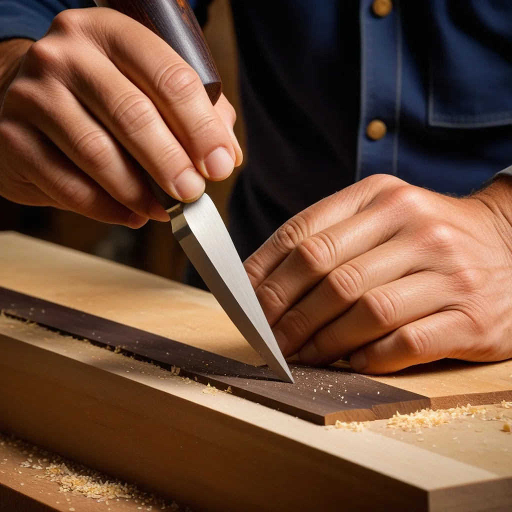 A close-up detail of a craftsman's hands using a traditional chisel to shape a piece of dark, polished wood, highlighting the fine grain and the precision of the artisan's work, with shavings curling on the workbench.
