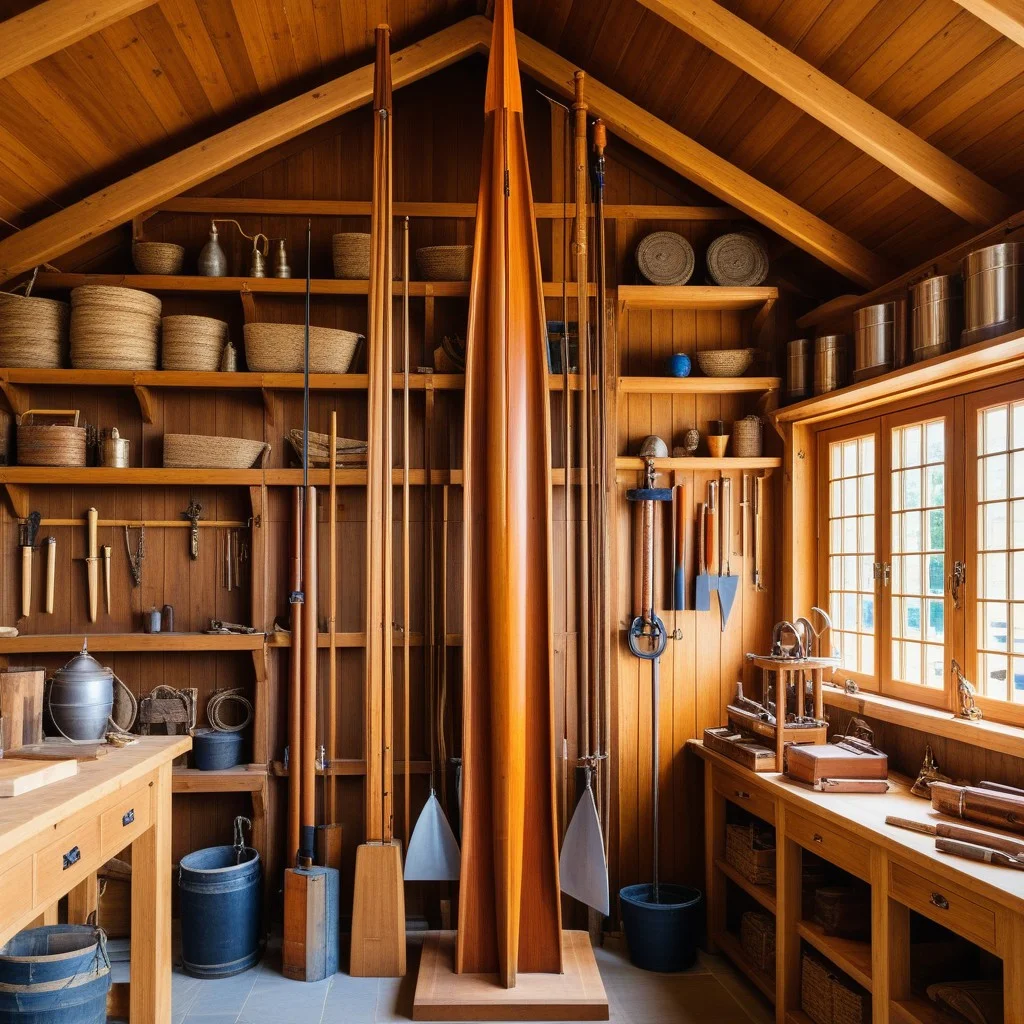 A medium shot of a finished wooden boat mast standing upright in the workshop, surrounded by various traditional nautical tools hanging on a rustic wall, evoking a sense of heritage and quiet dignity.