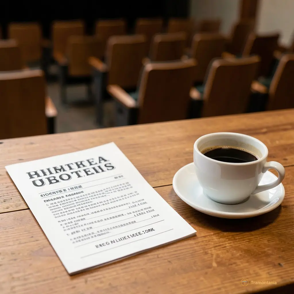 Close-up of a theater program on a wooden table next to a cup of coffee, with soft focus background showing empty chairs