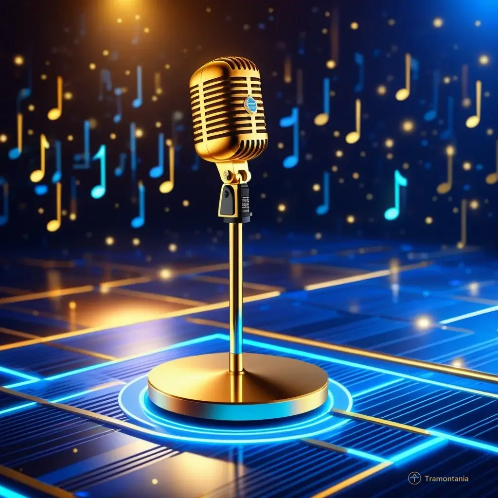 Close-up flat design illustration of a vintage-style microphone stand with glowing LED accents and intricate metallic details resting on the stage floor amidst floating holographic music notes in gold and blue hues.