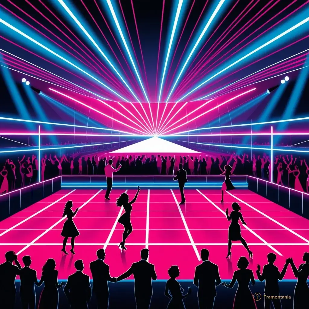 Wide flat design illustration of a bustling dance floor inside Les Voiles Rouges venue in Canet-en-Roussillon at twilight, featuring geometric silhouettes of diverse dancing couples and an audience clapping under dynamic neon pink and electric blue laser beams against a dark background.