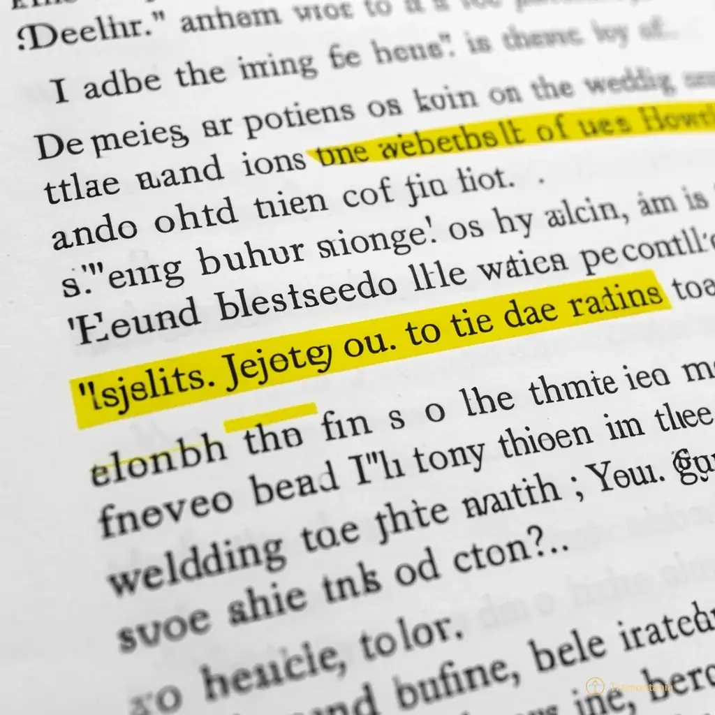 A close-up of a theatrical script with highlighted dialogue lines about jealousy and wedding preparations