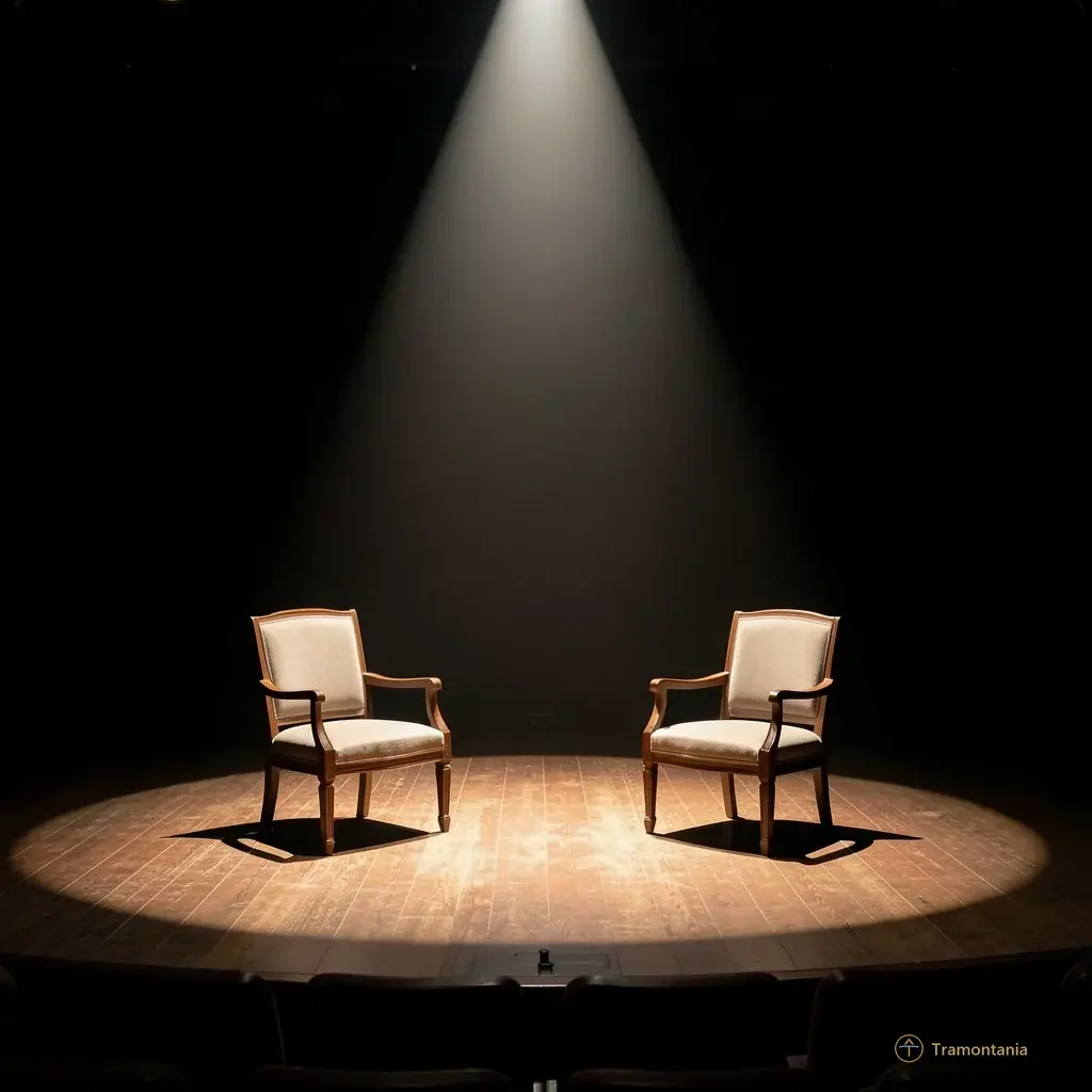 An empty theater stage with two chairs facing each other, bathed in a single spotlight, suggesting an intimate confrontation