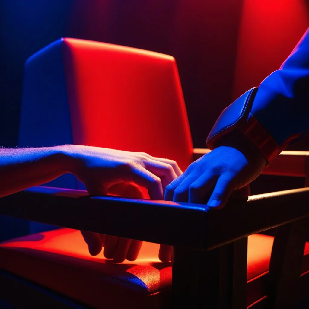 Close-up of two hands gripping the armrests of a chair, knuckles white, under dramatic red and blue stage lighting, symbolizing the intense psychological struggle and tension of the performance.