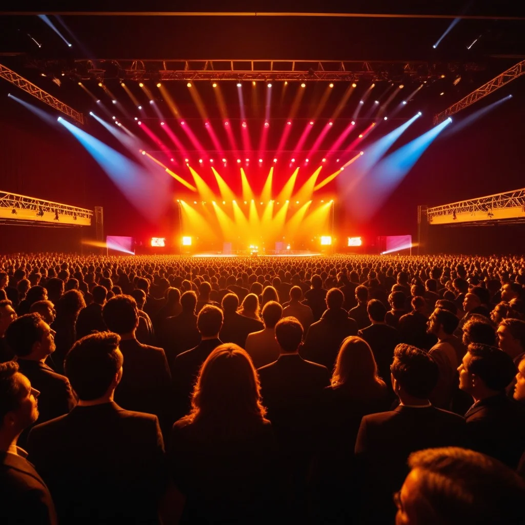 Dynamic view of an audience from behind, heads turned sharply towards the stage, bathed in the glow of vibrant stage lights, capturing the collective electric anticipation and emotional engagement of the crowd.