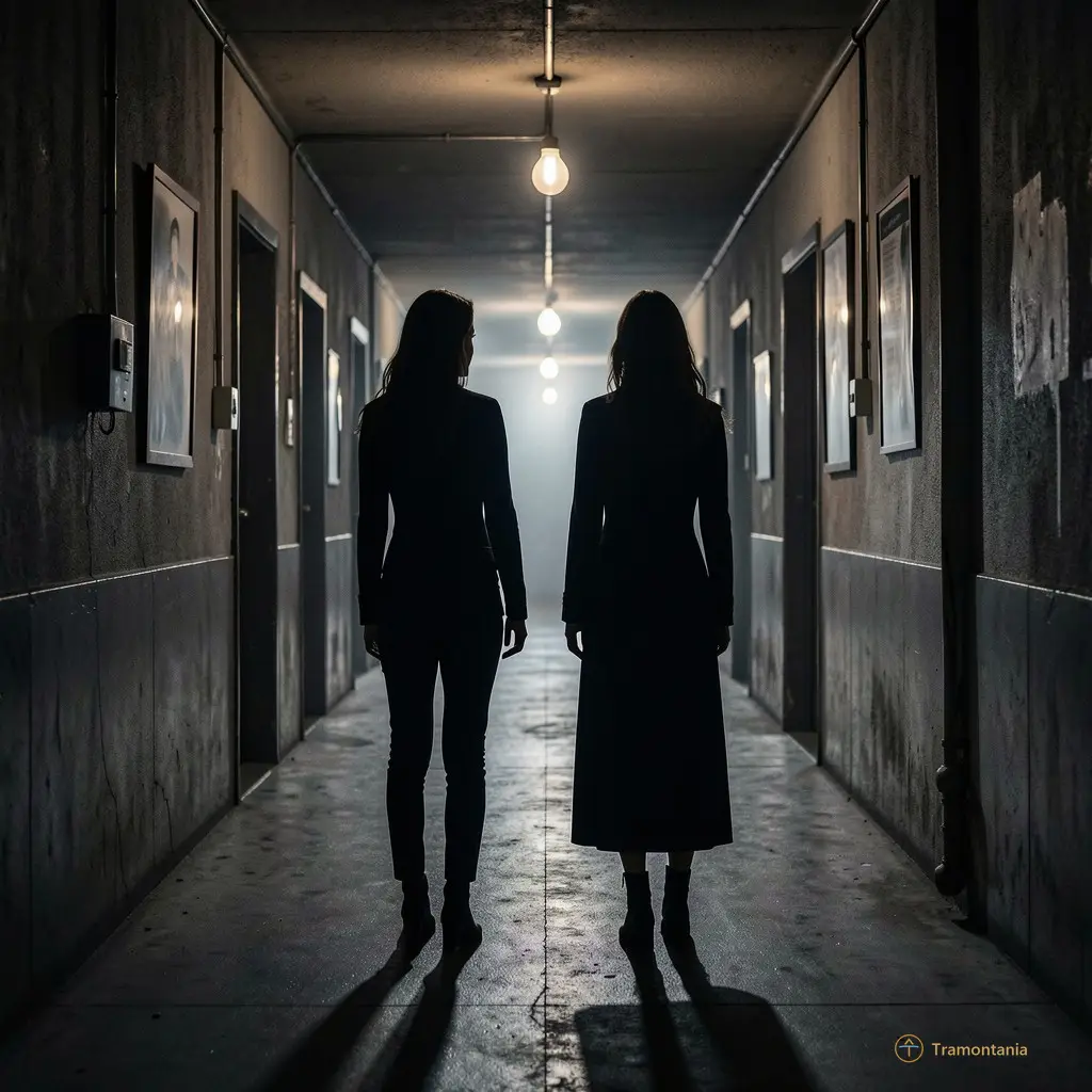 Scène du film montrant deux silhouettes féminines dans un couloir sombre, éclairage dramatique
