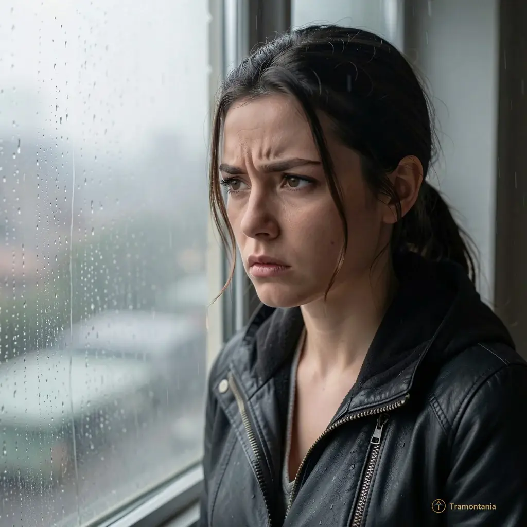 A cinematic still showing the protagonist Victoire looking out a window into rain or fog, her expression ambiguous between resignation and suppressed anger