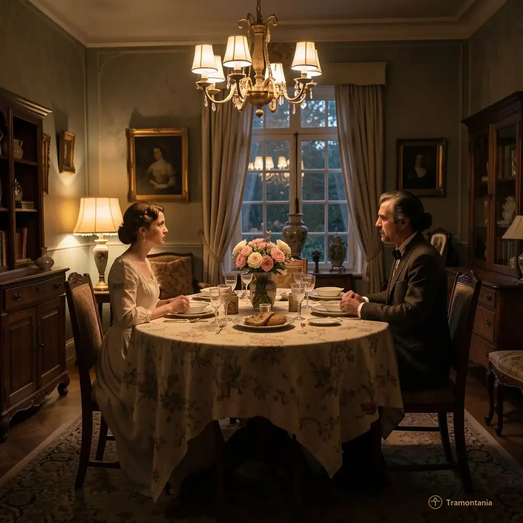 A dimly lit interior scene from the film, showing tension between characters in a period-accurate dining room or bedroom setting