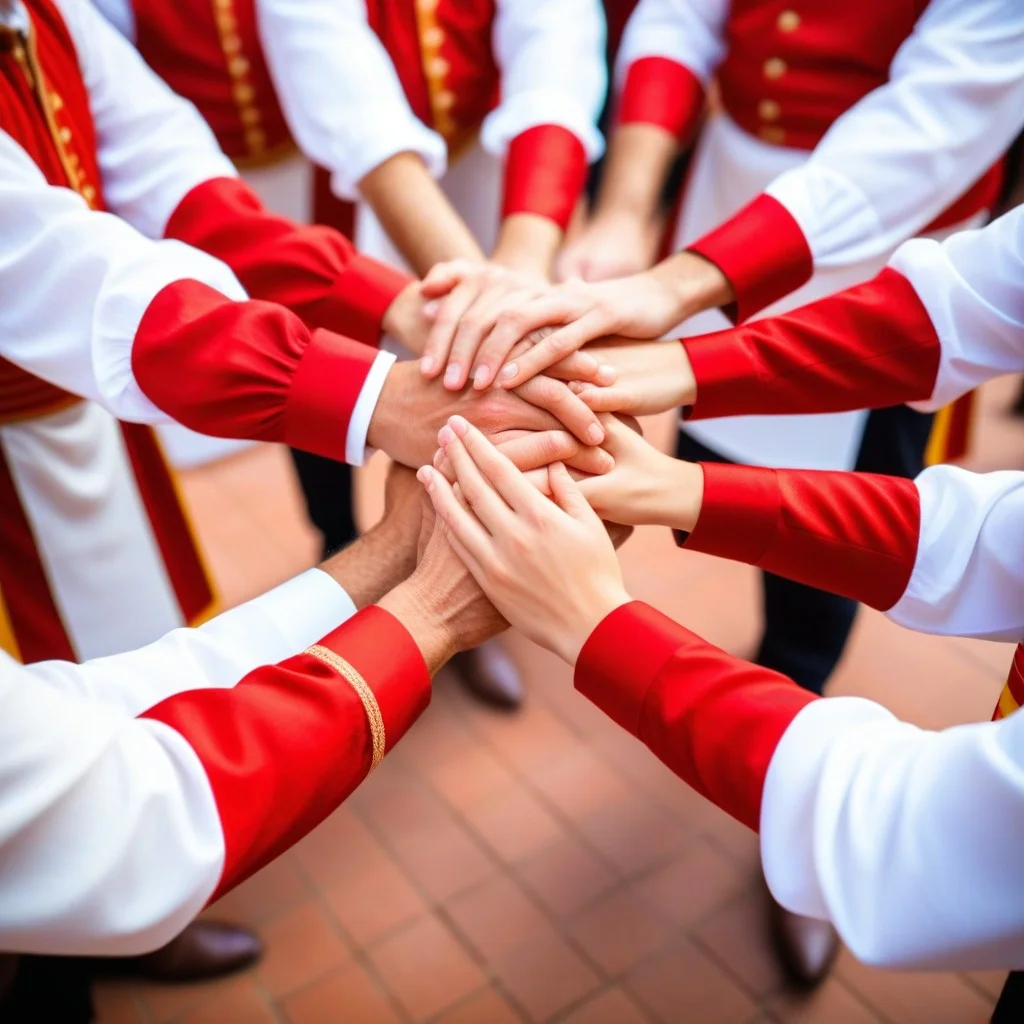 Close-up of hands tightly holding each other in a circle, wearing traditional white and red Catalan clothing, with a blurred background of a cobla band playing instruments, capturing the intense rhythm of a sardana dance.