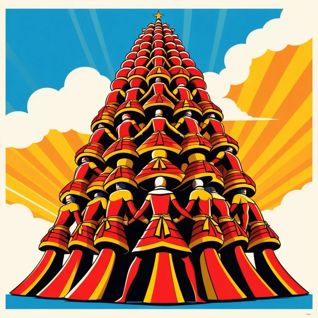 Vibrant retro-style poster illustration featuring a human tower (castellers) in bold red and yellow tones, with dynamic lines suggesting movement and energy, set against a stylized Mediterranean sky.