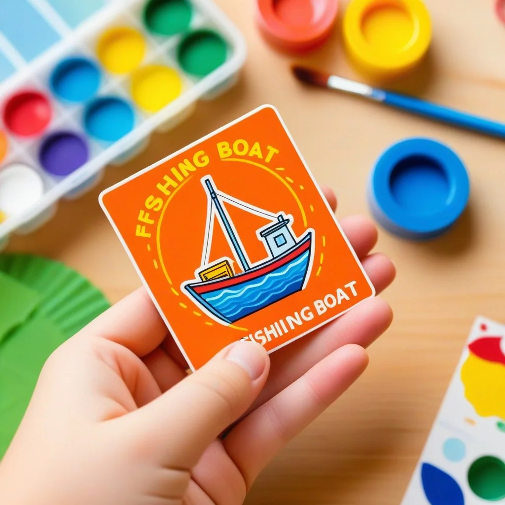 A close-up, sticker-style illustration of a child's hands holding a small, colorful model of a fishing boat made of recycled materials. In the background, blurred, are other craft supplies like paintbrushes and glue, emphasizing a creative and hands-on workshop atmosphere. The colors are bright and saturated, evoking a sense of fun and discovery.