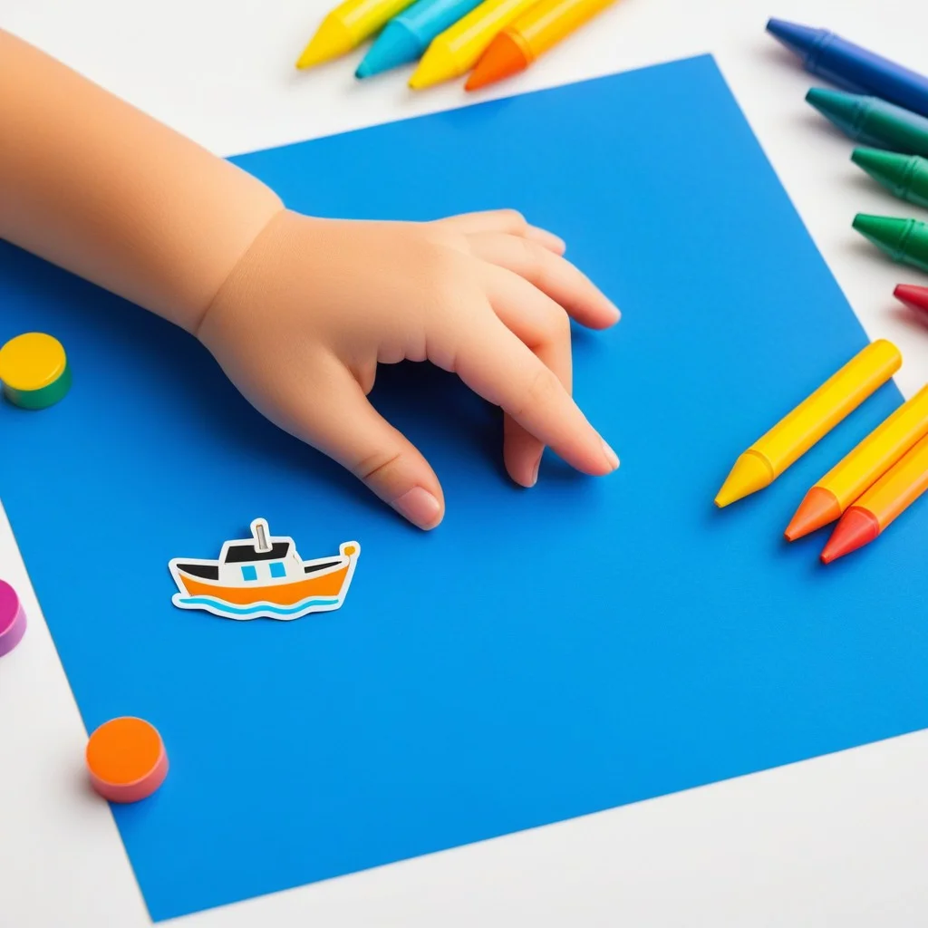 A close-up, sticker-style illustration of a child's hand reaching for a bright blue craft material on a table, surrounded by scattered crayons and a small toy boat, emphasizing tactile fun and creativity.