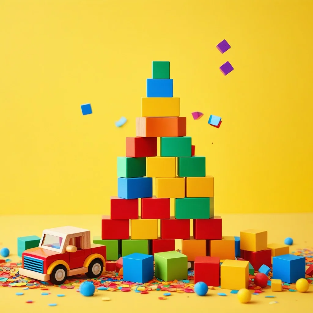 A detailed, colorful BD-style illustration of a stack of colorful building blocks and a small wooden toy car, with confetti floating around them, symbolizing play and imagination in a bright, saturated palette.