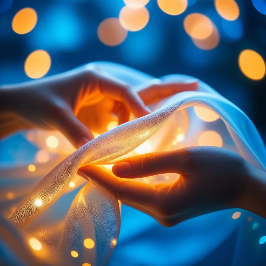 Close-up of a pair of hands gently holding a glowing, translucent fabric that emits soft, warm light, surrounded by floating, out-of-focus bokeh lights in warm amber and cool blue tones, suggesting a magical transformation.