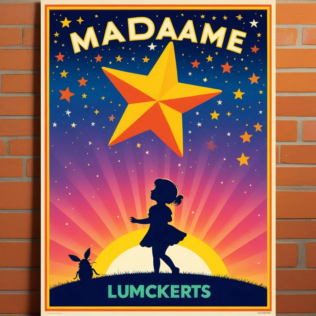 A colorful retro-style poster illustration featuring a whimsical star character and a small child silhouette against a twilight sky, with bold typography reading 'Madame Lumière' and playful crickets dancing around the edges.