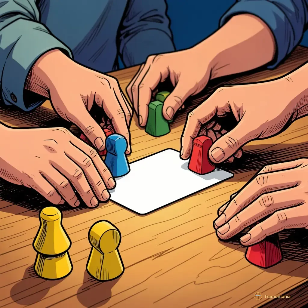 Plusieurs mains tendues saisissent différents pions colorés et cartes sur une table en bois au sein de la médiathèque